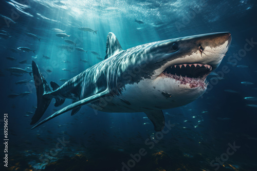 A detailed illustration of a prehistoric shark, highlighting the evolution and adaptations of marine predators. Generative Ai © Sebastian