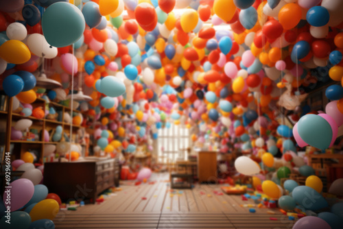 A room filled with colorful balloons, released into the air, creating an atmosphere of excitement and celebration. Generative Ai.