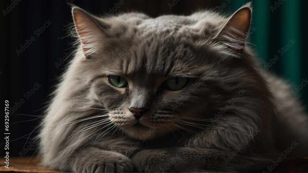 A Fluffy Grey Cat with Intense Green Eyes on a Dark Background