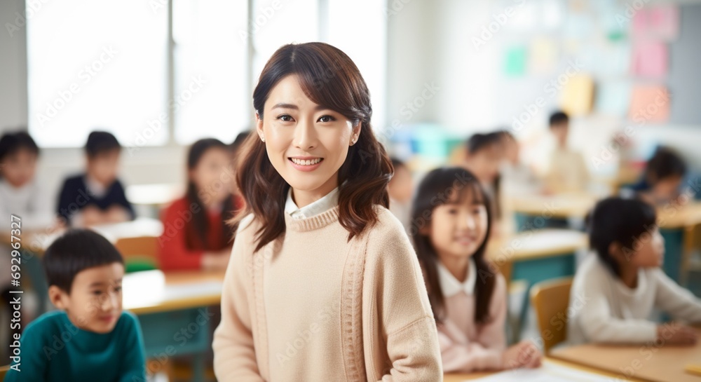 Happy teacher smiling in class at elementary school looking at camera with her students in the background.