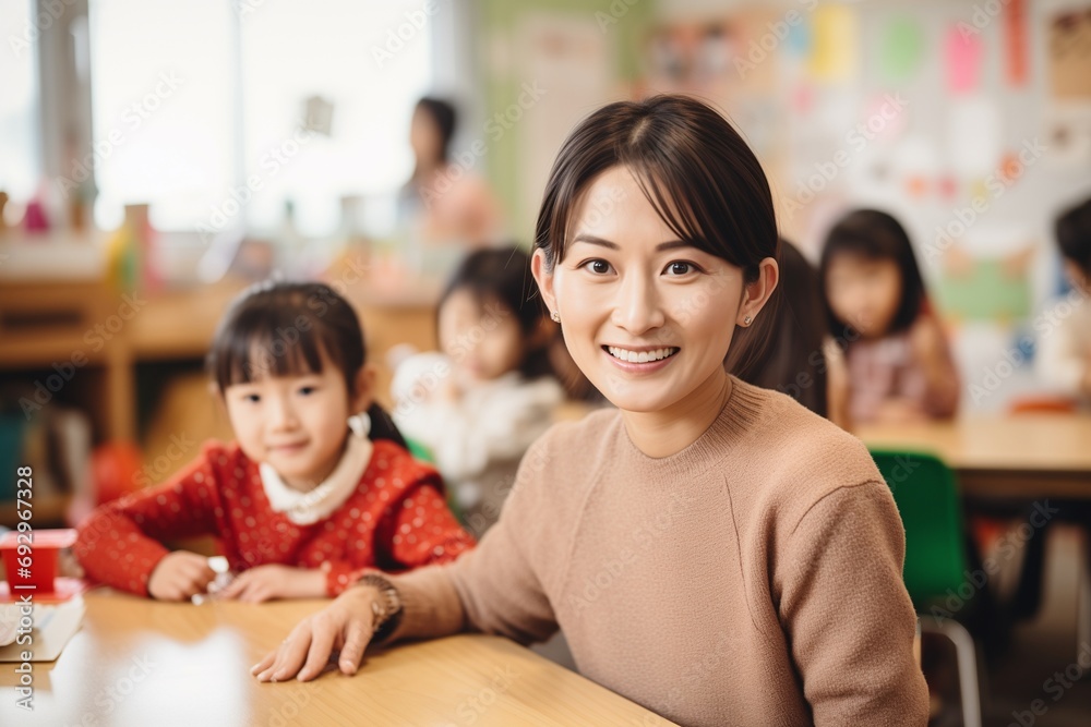 Happy teacher smiling in class at elementary school looking at camera with her students in the background.