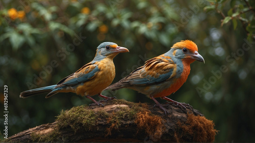 A Pair of Colorful Birds in a Forest Setting