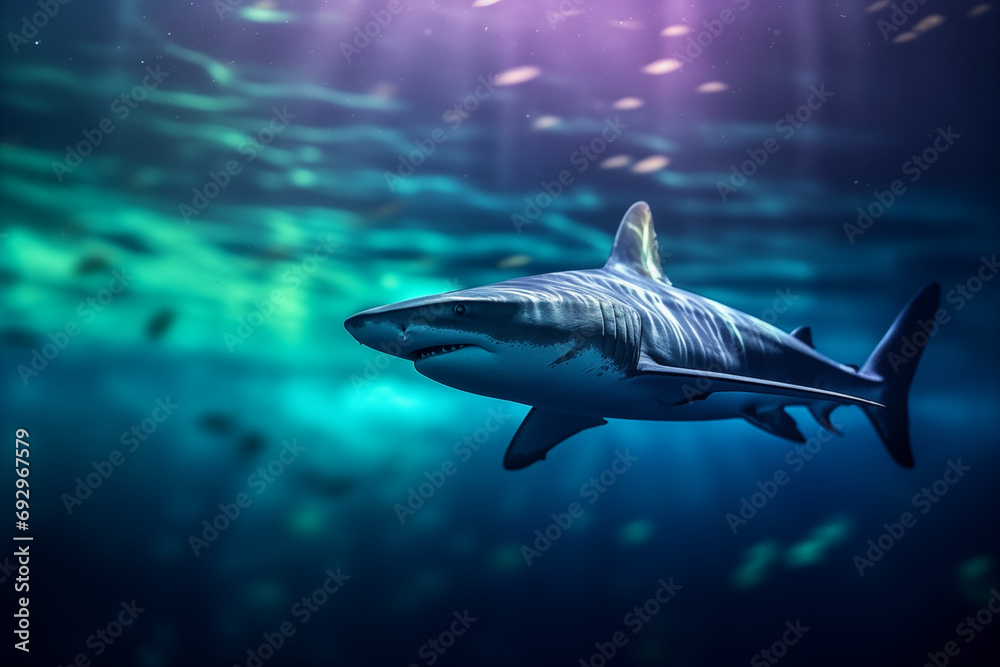 Fototapeta premium A shark swimming in an icy ocean under the northern lights