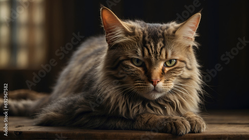 A Fluffy Tabby Cat Relaxing on the Floor with Soft Lighting