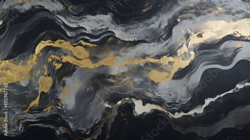 The deep dark ocean-ART. Natural gray color- metallic  silver  steel  iron. Swirls of marble and the ripples of agate. Natural pattern. Abstract FANTASIA with golden powder marble Text. generative AI.