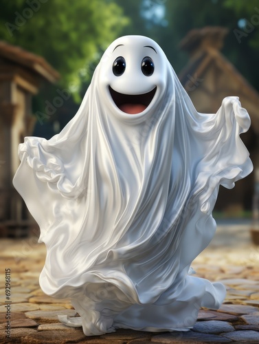 Character design for a cartoon, funny friendly smiling monster ghost, bright 3D illustration in the style of children's cartoons and fairy tales