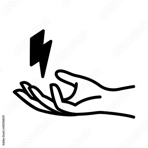 Hands offering electricity, symbolizing the provision of life support. Renewable energy icon