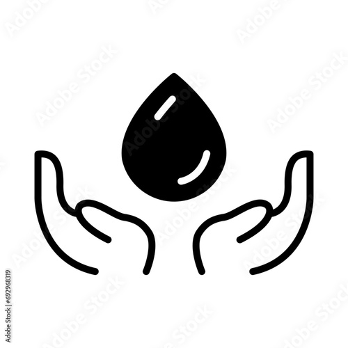 Hand offering a drop of water, symbolizing the provision of life support. Hand offering a drop of oil. Renewable energy icon