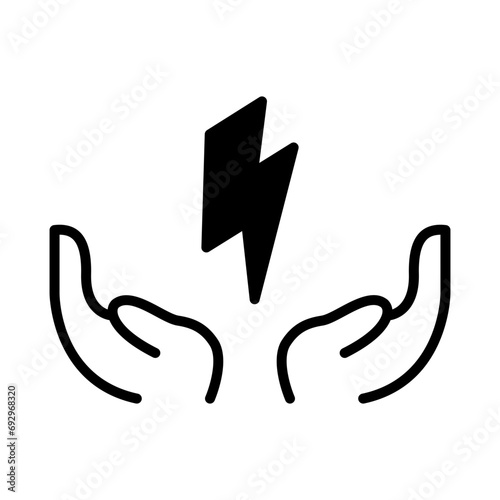 Hands offering electricity, symbolizing the provision of life support. Renewable energy icon