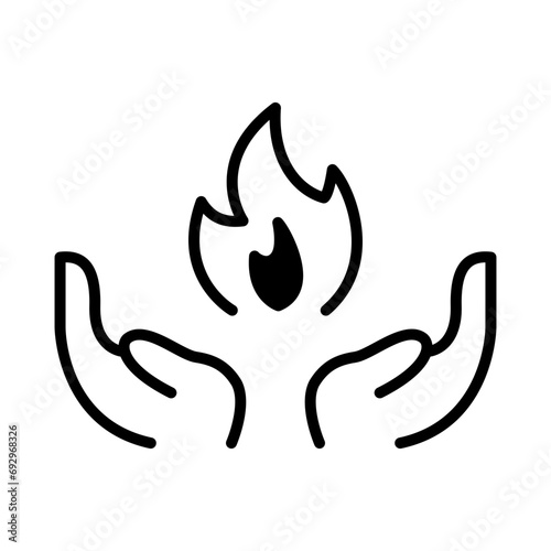 Hands offering fire, symbolizing the provision of life support. Renewable energy icon