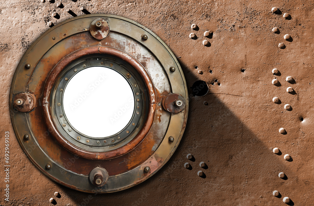 Closeup of a metal porthole of a nautical vessel made of rusty iron, on a metal grunge background. Isolated on white or transparent background, png. Generative Ai.