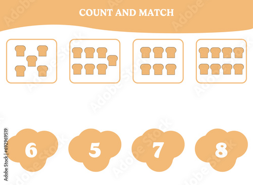 Count and match game with bread. Educational worksheet design for preschool, kindergarten students. Learning mathematics. Brain teaser fun activity for kids.