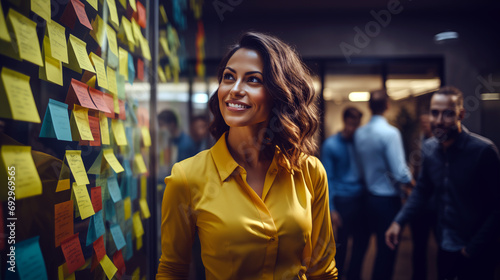 Businesswoman smiling at a creative brainstorming wall in office with sticky notes photo