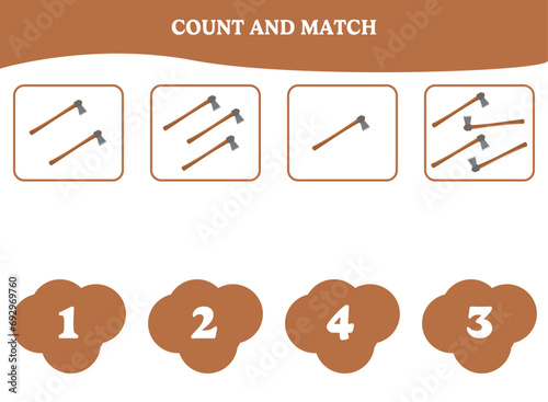 Count and match game with axe. Educational worksheet design for preschool, kindergarten students. Learning mathematics. Brain teaser fun activity for kids.