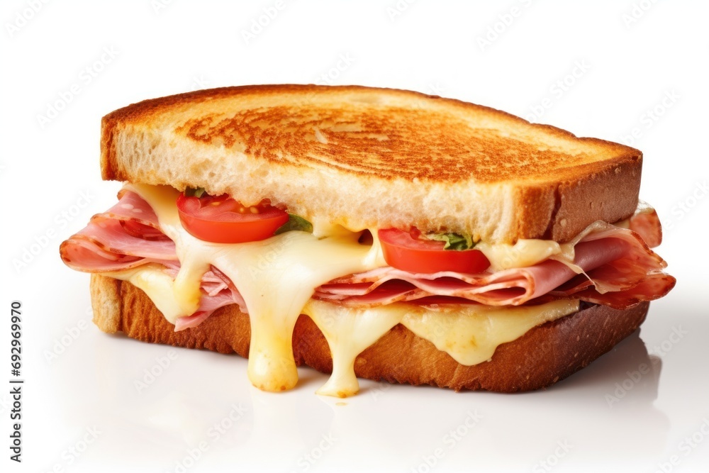Crispy toasted sandwich with ham, melted cheese, tomato isolated on white background. Street food. Crispy toasted sandwich with ham, melted cheese, tomato isolated on white background. Street food.