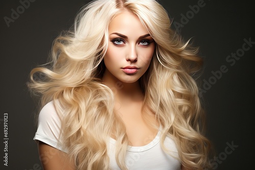 hair long woman blond Beautiful model coiffure beauty fashion face make-up girl pretty blonde female portrait glamour caucasian 1 curly posing style trendy modern saturation bright blue eye sexy