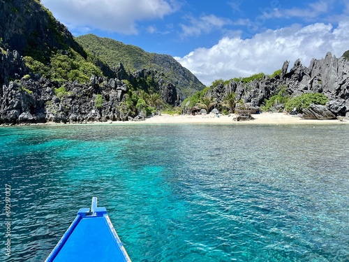 Amazing views of Coron island beaches in Philippines, from a traditional boat. High quality photo