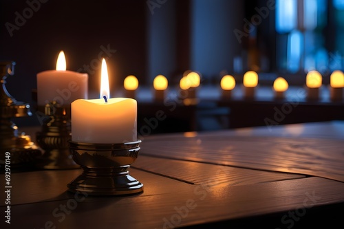 All Saints Day a Christian Holy Day, candles light glowing on table, faith.