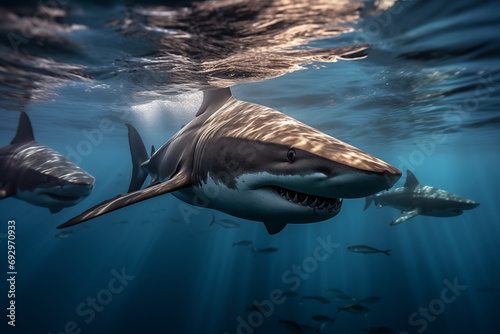 An impressive shot of gray sharks working in coordination in an impressive team hunt