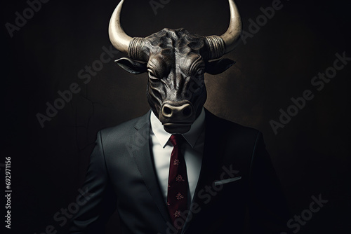 A man in a suit with a bull head. Bull posing in business suit Generative ai