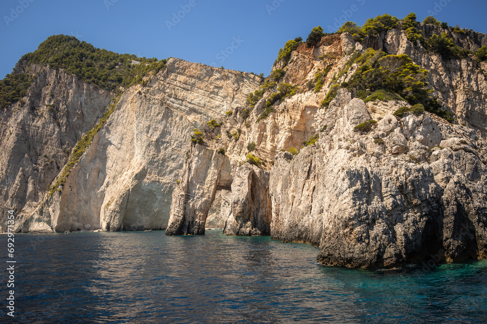 Beautiful Rocky Landscape in Zakynthos. Stony Cliff during Summer Day in Greece. Keri Cave with Ionian Sea.