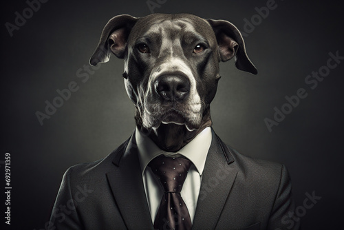 A man in a suit with a dog head. Dog posing in business suit Generative ai photo