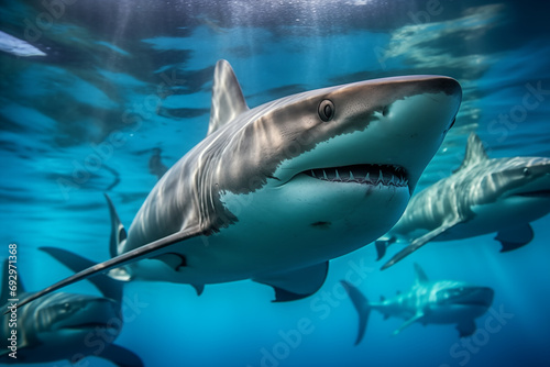 An impressive shot of gray sharks working in coordination in an impressive team hunt