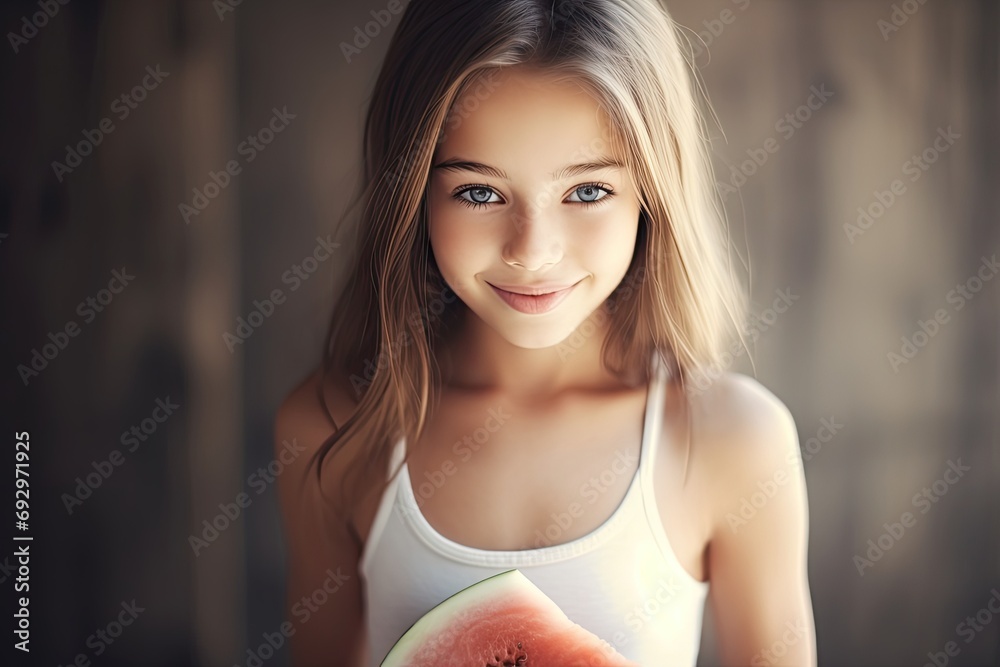 Fototapeta premium A beautiful summer portrait of a Caucasian girl enjoying a juicy watermelon outdoors, under the sunny sky.
