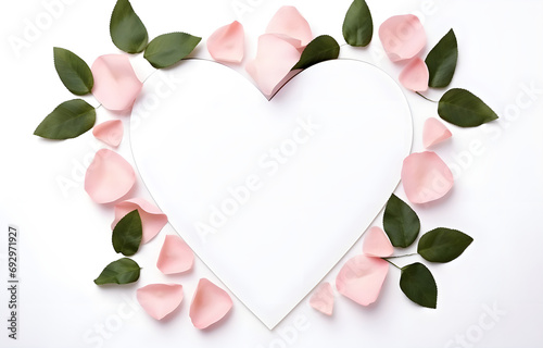 Creative layout with rose, leaves and heart shape frame paper card on the top isolated on a white background top view