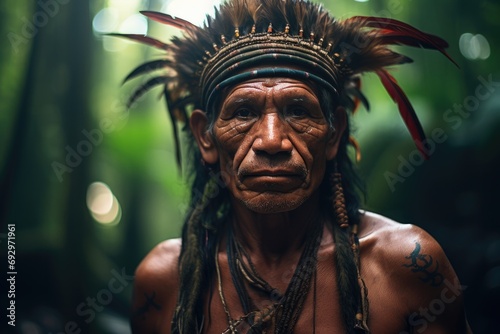 Elderly native man from Papua, Indonesia, adorned in tribal attire, reflects the rich indigenous culture. photo