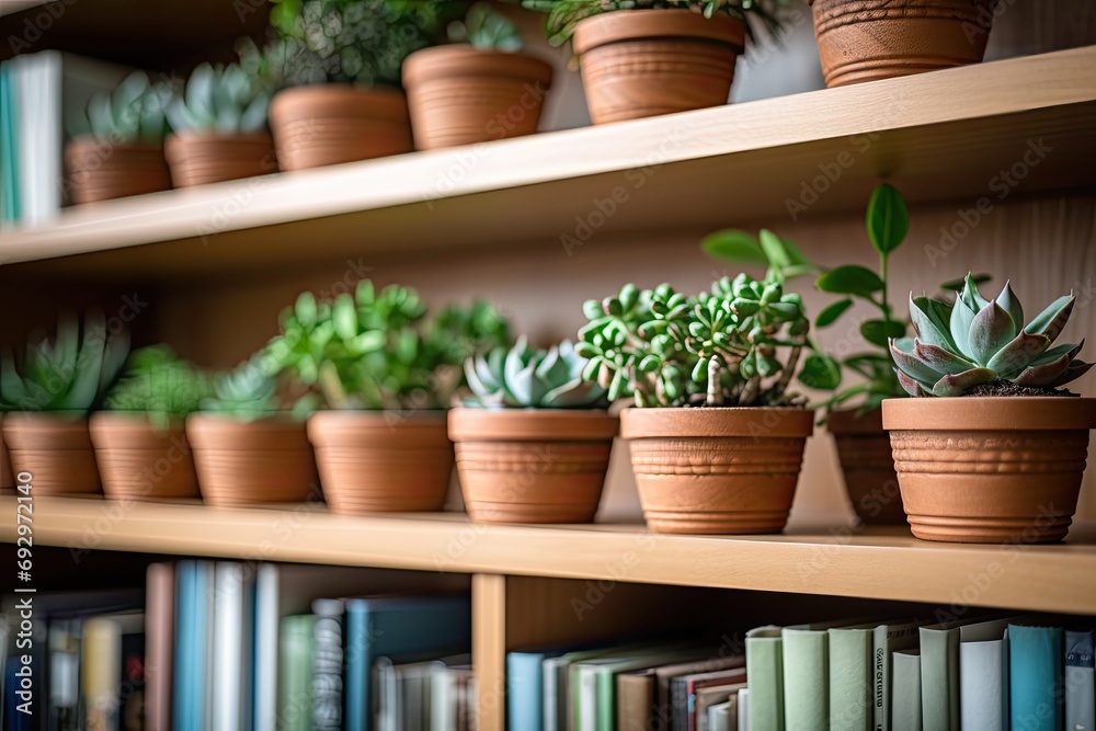 A row of succulents in clay pots enhances the natural beauty of a well-organized library shelf.
