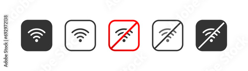 No wi fi icon in red square, wi fi zone. Wireless internet signal symbol, Outline flat and colored vector illustration. photo