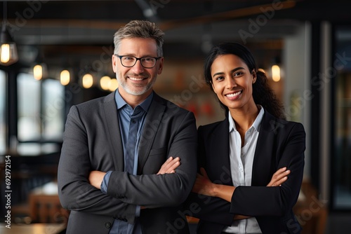 A diverse business team with a mix of young Indian and elderly Caucasian professionals working together in a modern office.