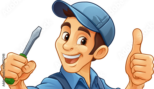 An electrician handyman or other construction cartoon mascot man holding a screwdriver tool.