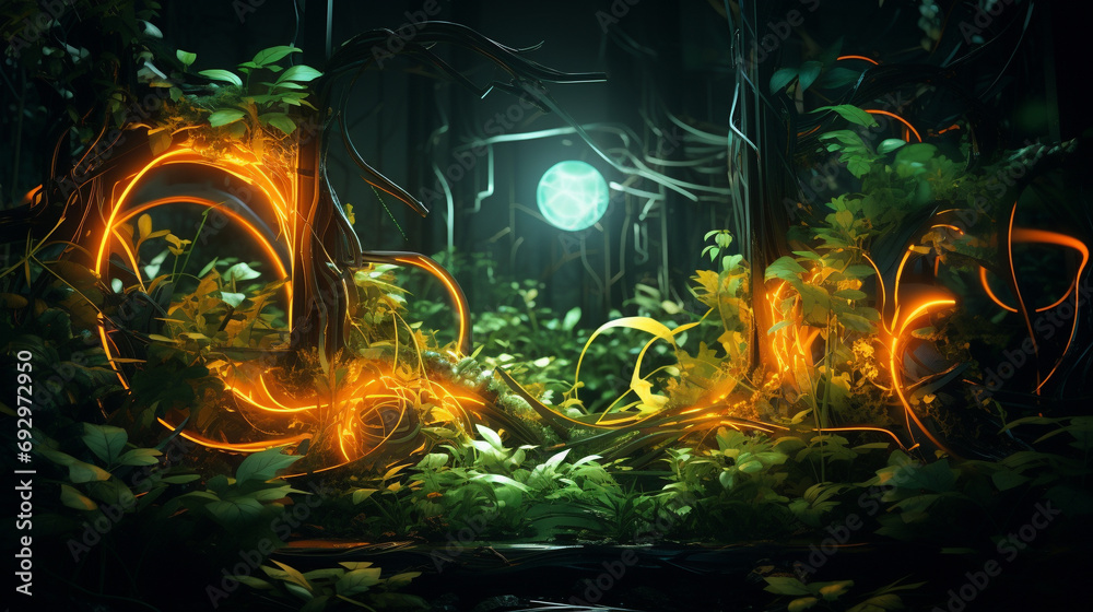 Mesmerizing neon light graffiti with swirling green and brown leaves on a forest 3D texture