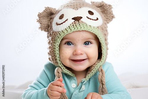 background white owl h knitted funny baby children face hat care infant bed body boy cap childhood clothes costume crochet cute dress eye fashion halloween happy head health holiday human innocence photo
