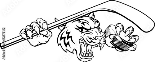 A tiger ice hockey player animal sports mascot holding a hockey stick and puck