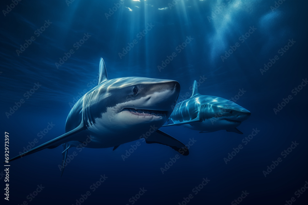 Obraz premium An impressive image of a majestic Mako Sharks meeting in the dark deep sea