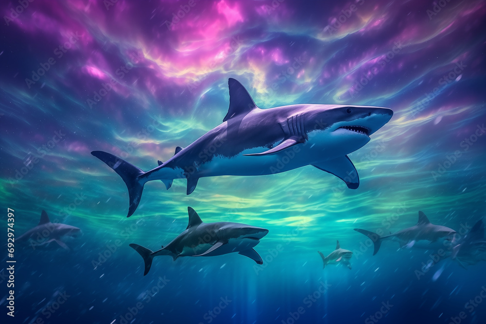 Fototapeta premium sharks set against the backdrop of an aurora-filled sky
