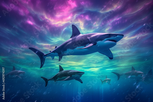 sharks set against the backdrop of an aurora-filled sky © artefacti