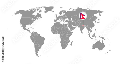 Pin map with Nepal flag on world map. Vector illustration.