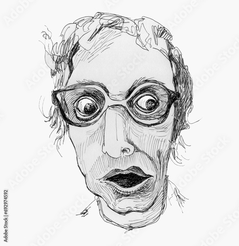 Surprised man in glasses. Surprised, frightened face. Comic drawing.