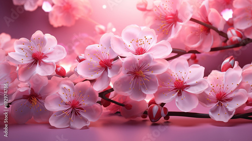 Neon light design showcasing a collection of pink and white cherry blossoms on a floral 3D background