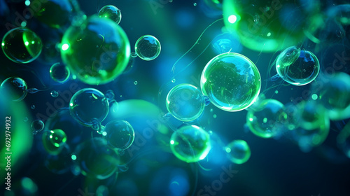 Neon light design showcasing a series of green and blue bubbles on a bubbly 3D background