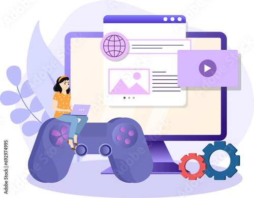 Gamification illustration. Development video games. Girl write code for program and application. Charming characters with controller next to screen. Modern technologies. Flat vector illustration