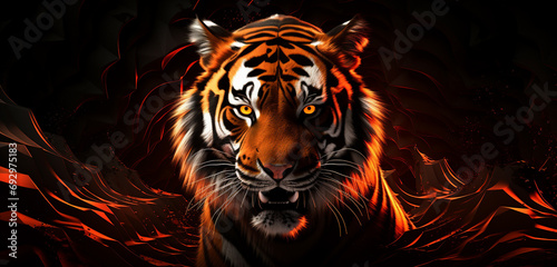 Neon light design showcasing a series of orange and black tiger stripes on a wild 3D background © Johnny since  