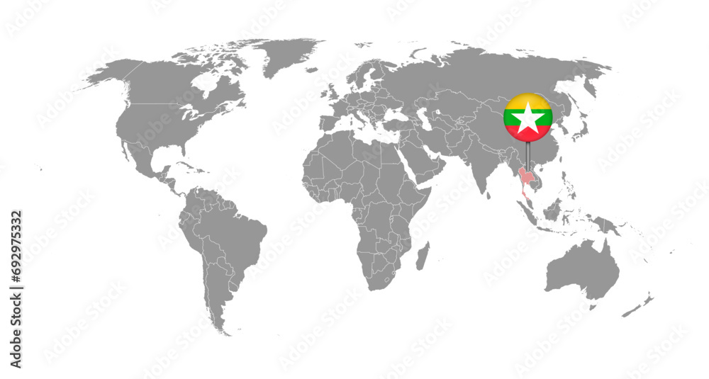 Obraz premium Pin map with Myanmar flag on world map. Vector illustration.