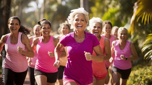 Elderly Women in Workout Gear Participating in Group Jogging Activity in a Lively and Vibrant Park