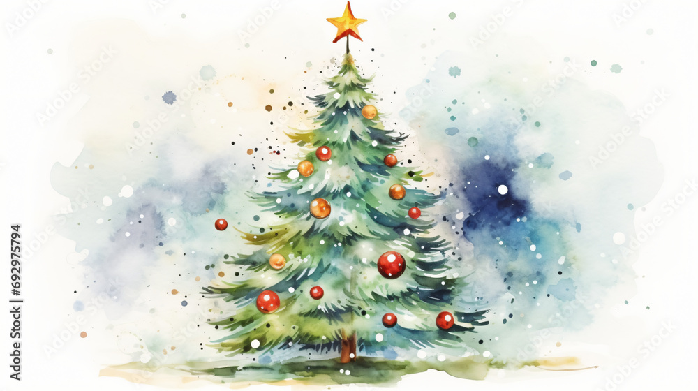 Watercolor illustration decorated Christmas tree on white background