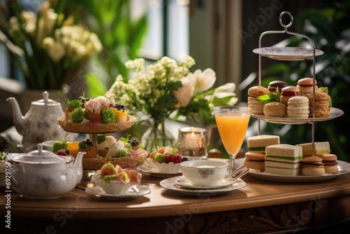 Elegant high tea spread with tiered trays of dainty sandwiches, scones, and pastries, a refined and sophisticated culinary experience